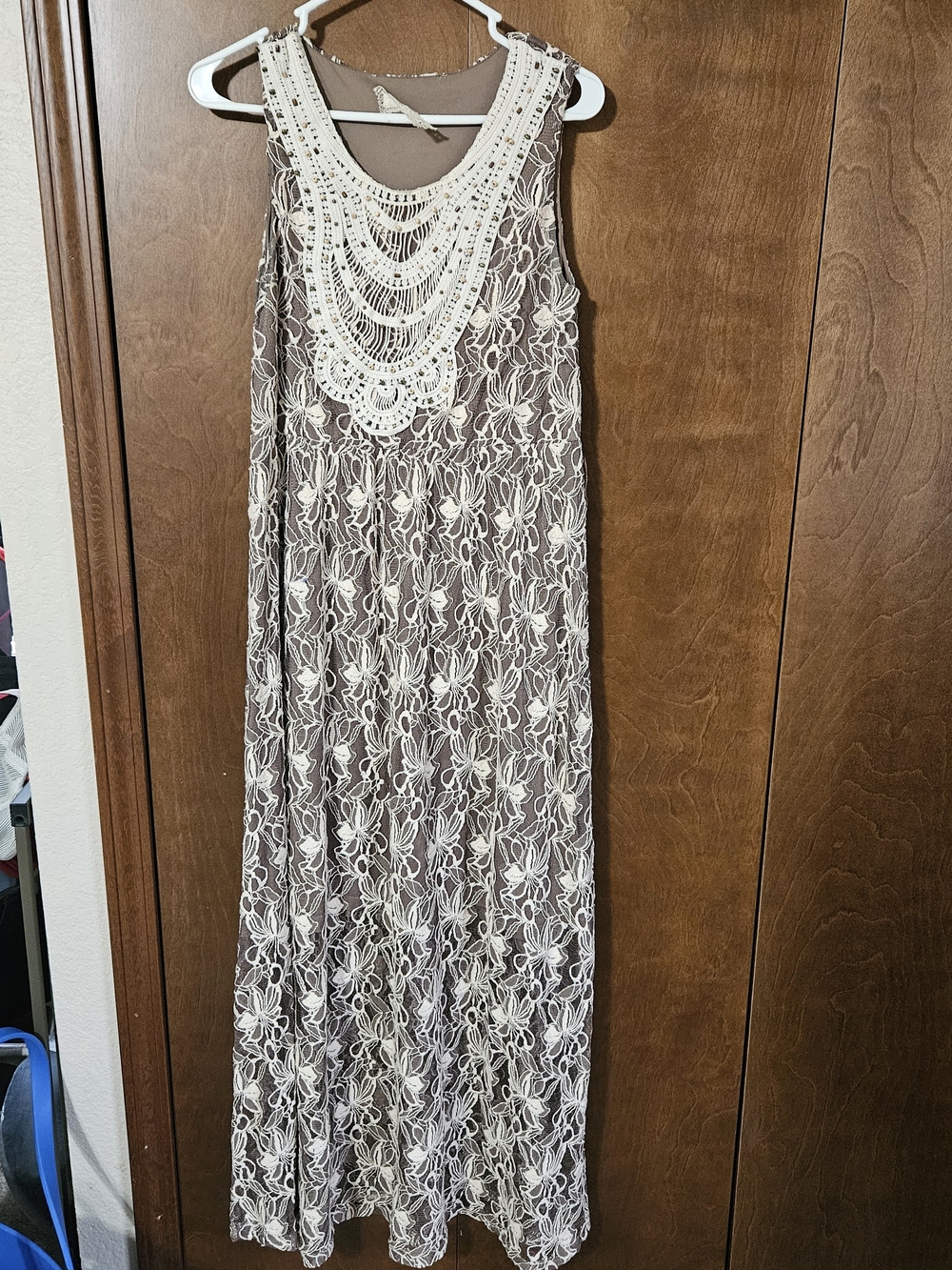 A'Reve Taupe Maxi Dress with Cream Crochet Neckline